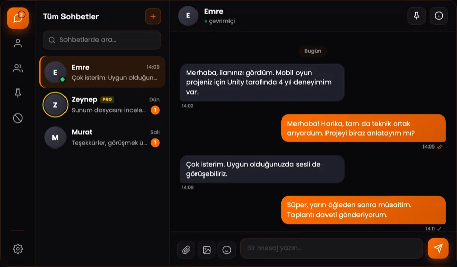 Mesajlar ekranı: iki kurucunun proje üzerine yazışması